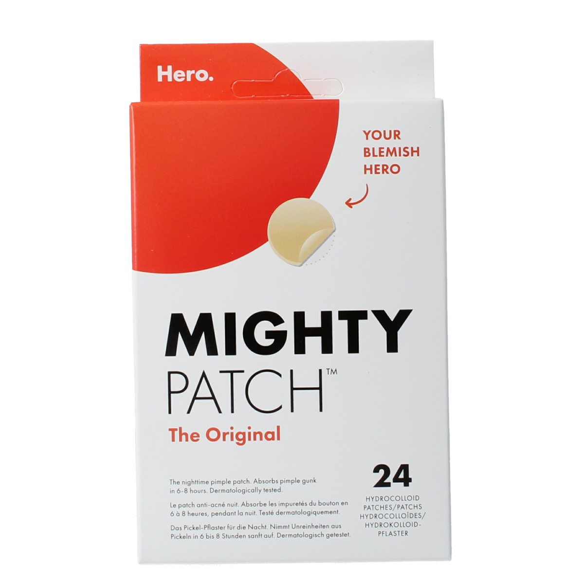 Hero Mighty Patch Original facial patches for acne treatment, displayed in a box with 24 patches visible.