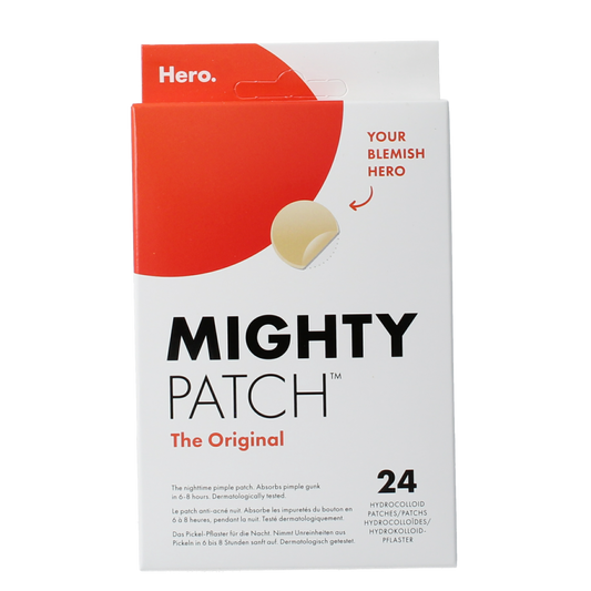 Hero Mighty Patch Original facial patches for acne treatment, displayed in a box with 24 patches visible.
