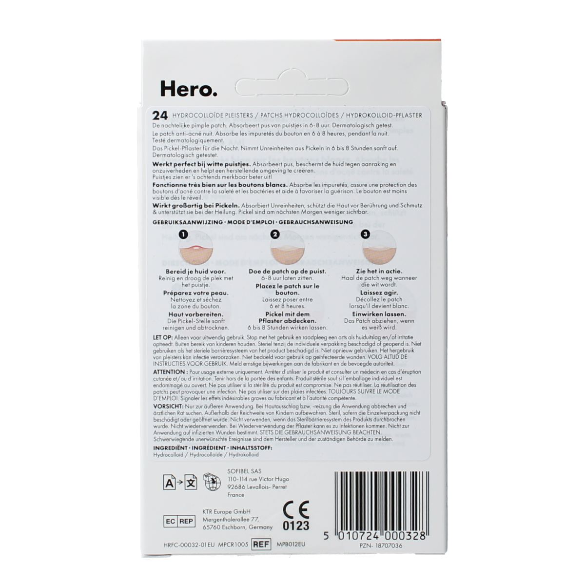 Hero Mighty Patch Original for facial care, showing a box of 24 patches designed to target blemishes and improve skin clarity.