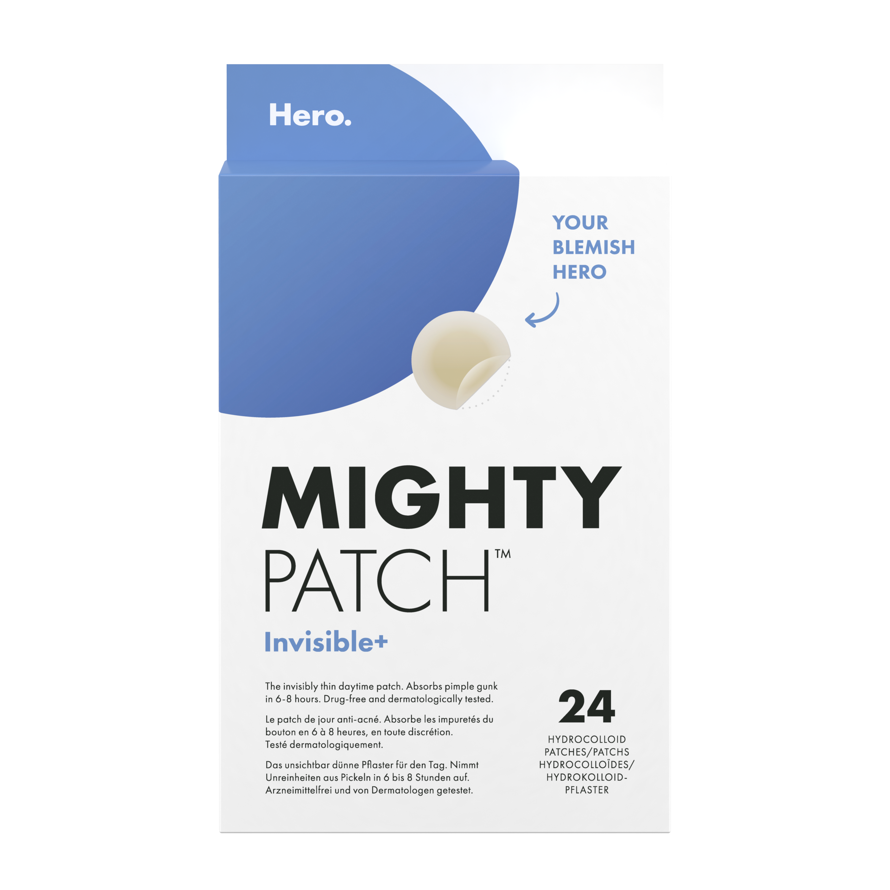 Hero Mighty Patch Invisible facial patches for acne treatment, shown on skin in a natural close-up image.