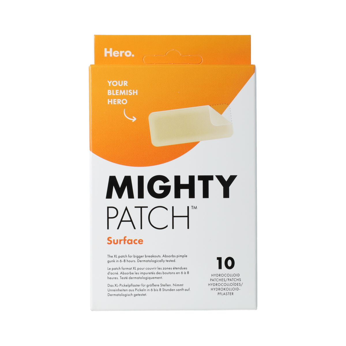 Hero Mighty Patch Surface facial treatment patches in a box, designed for targeted skin care and blemish healing.