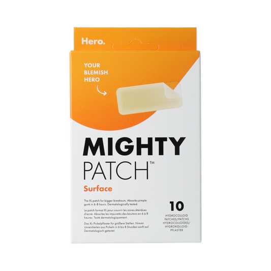 Hero Mighty Patch Surface facial treatment patches in a box, designed for targeted skin care and blemish healing.