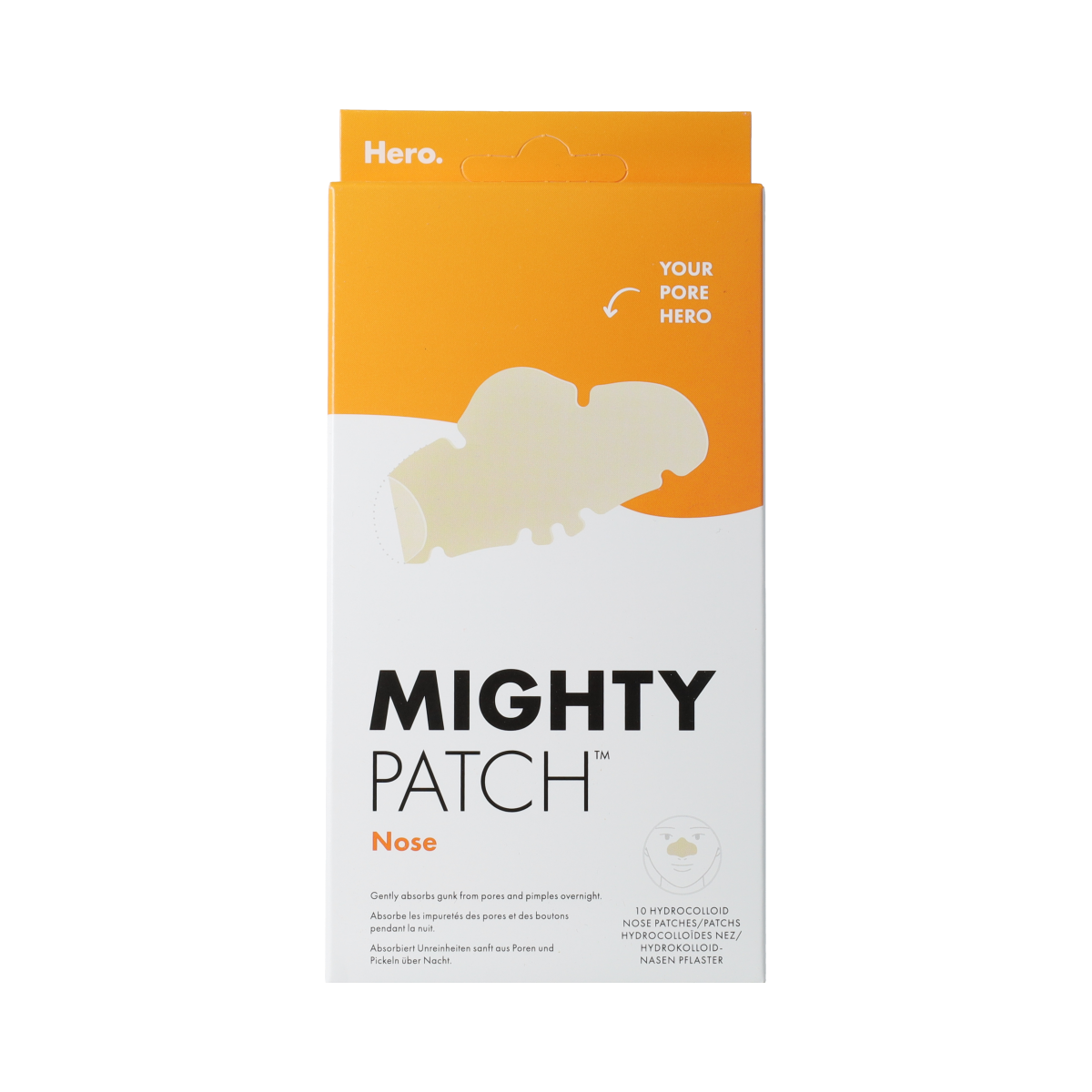 Hero Mighty Patch Nose skincare patches for blackheads and pores, shown in a box of 10 pieces for facial care.