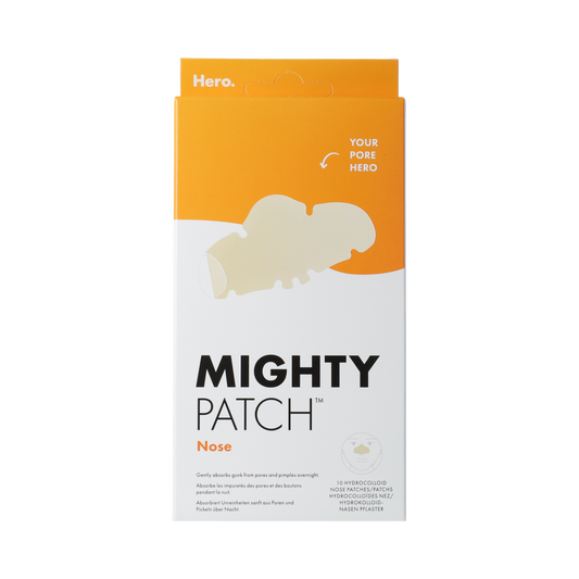 Hero Mighty Patch Nose skincare patches for blackheads and pores, shown in a box of 10 pieces for facial care.