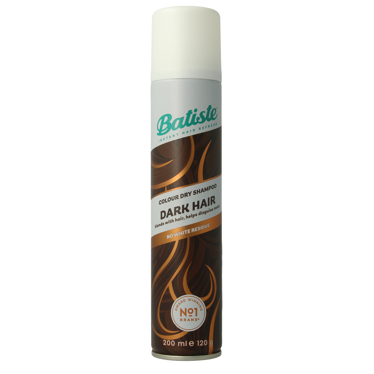 Batiste Divine Brunette dry shampoo bottle, 200ml, for brunette hair, with purple and white design and product label.