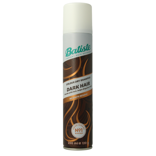 Batiste Divine Brunette dry shampoo bottle, 200ml, for brunette hair, with purple and white design and product label.