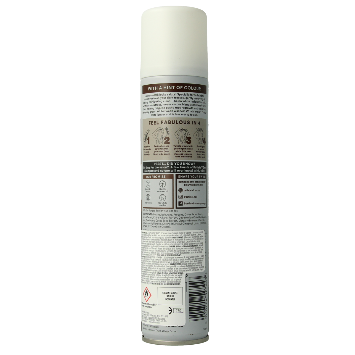 Batiste Divine Brunette dry shampoo bottle, 200ml, for brunette hair, with a sleek design and product label visible.
