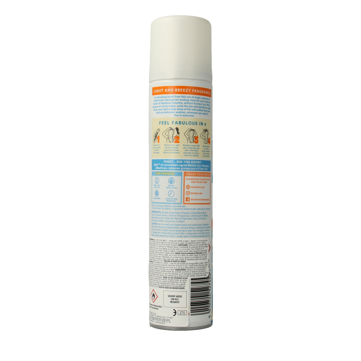 Batiste Dry Shampoo Fresh in 200ml bottle, hair care product with spray nozzle for quick refresh and oil absorption.