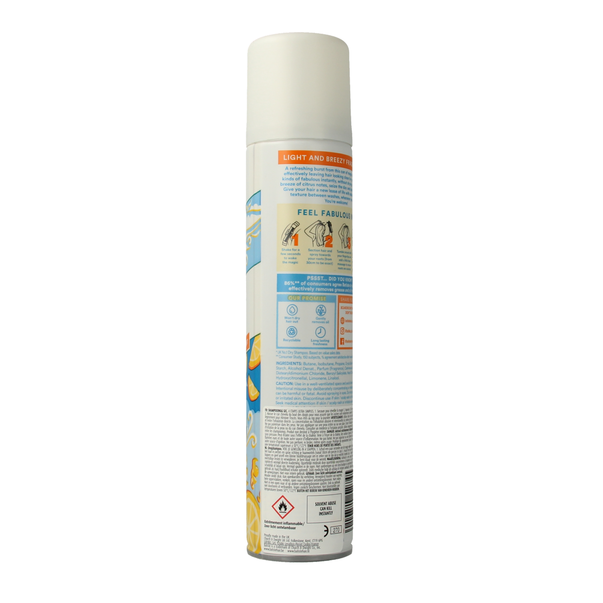 Batiste Fresh Dry Shampoo bottle, 200ml, hair care product for refreshing hair without water, in a sleek spray can.