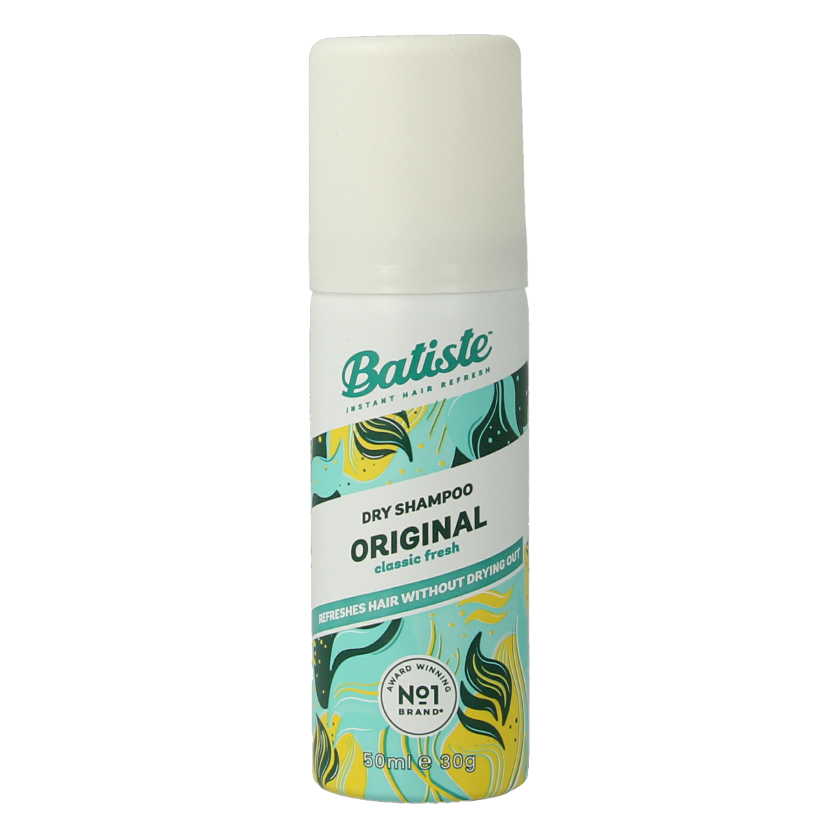 Batiste original mini dry shampoo in 50ml bottle, a hair care product for refreshing and revitalizing hair.