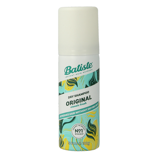 Batiste original mini dry shampoo in 50ml bottle, a hair care product for refreshing and revitalizing hair.