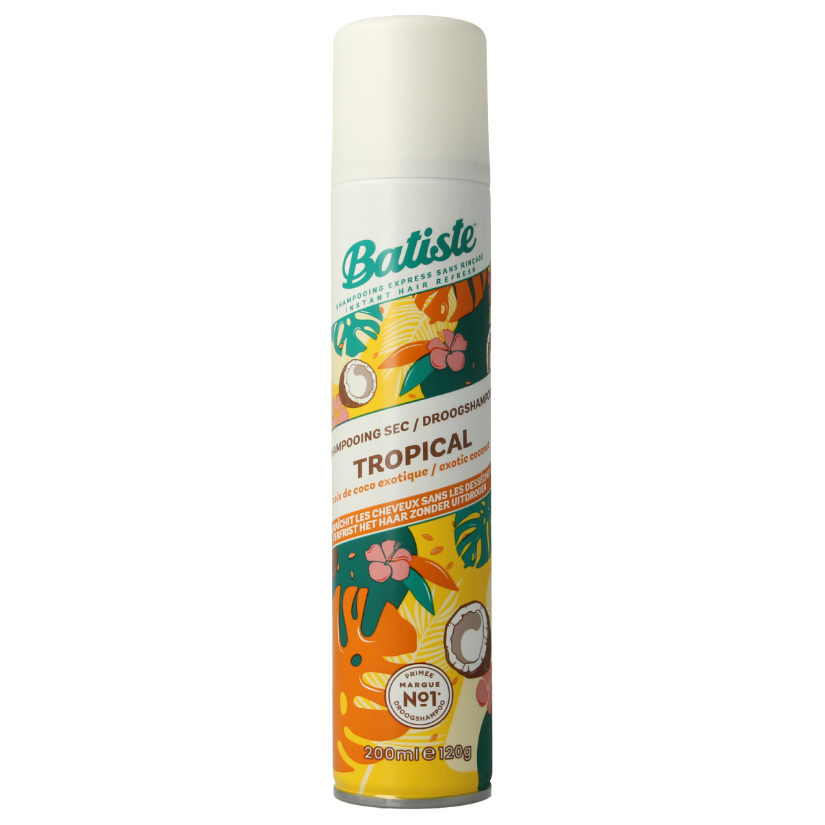 Batiste Tropical Dry Shampoo 200ml bottle, hair care product with vibrant packaging and refreshing tropical scent.