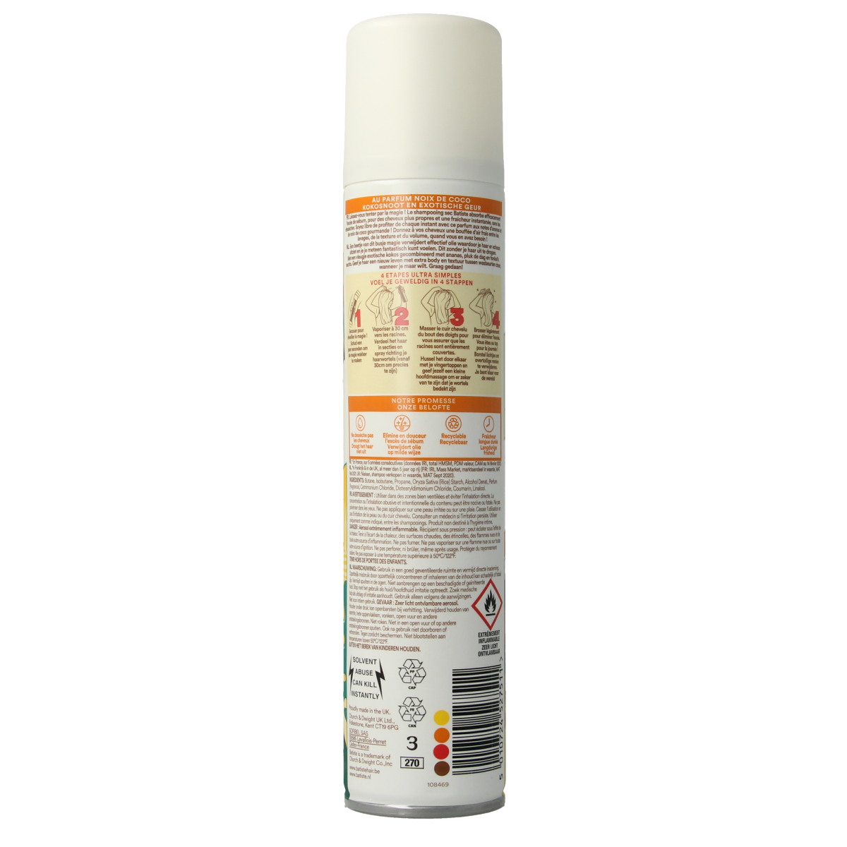 Batiste tropical dry shampoo bottle, 200ml, hair care product with tropical scent and lightweight formula, in a spray bottle.