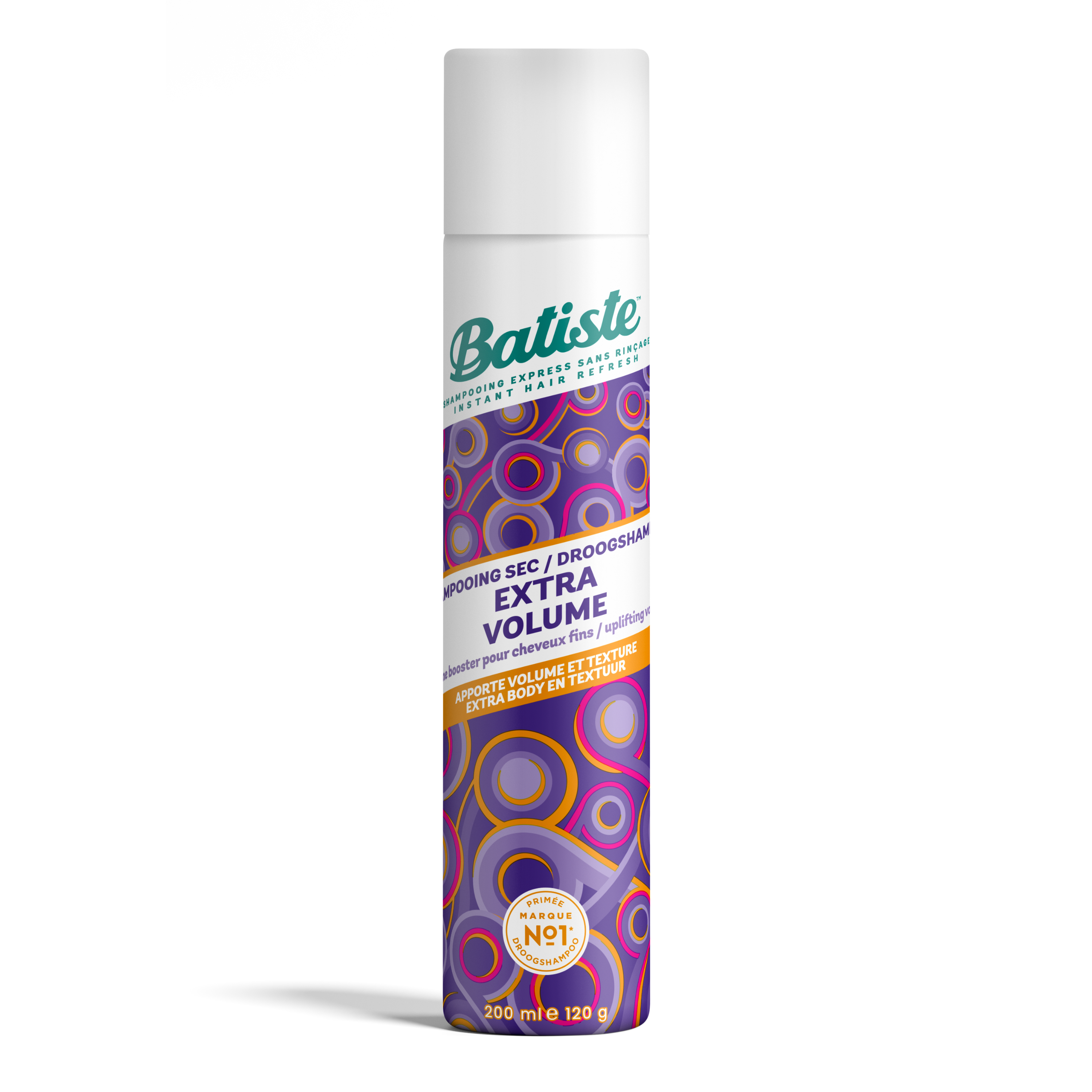 Batiste extra volume dry shampoo bottle, 200ml, for hair care, with a sleek white and pink design and easy-to-use spray nozzle.