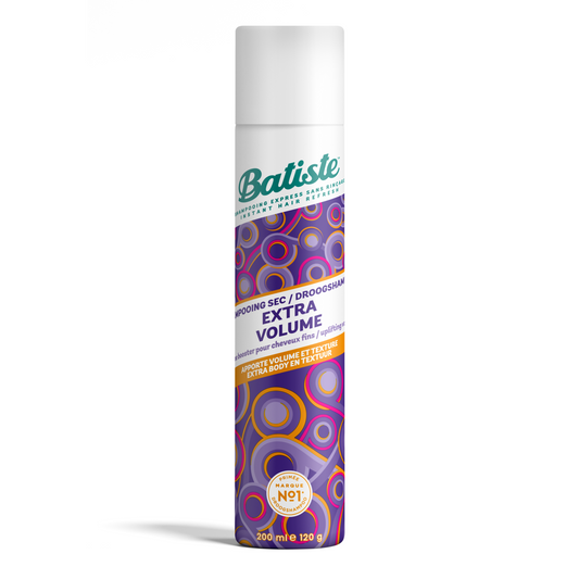 Batiste extra volume dry shampoo bottle, 200ml, for hair care, with a sleek white and pink design and easy-to-use spray nozzle.
