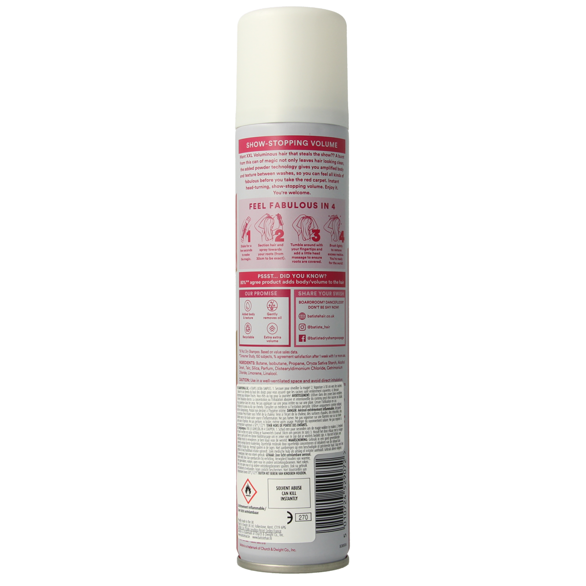 Batiste XXL volume dry shampoo bottle, 200ml, for hair care and added volume, with brand label visible.