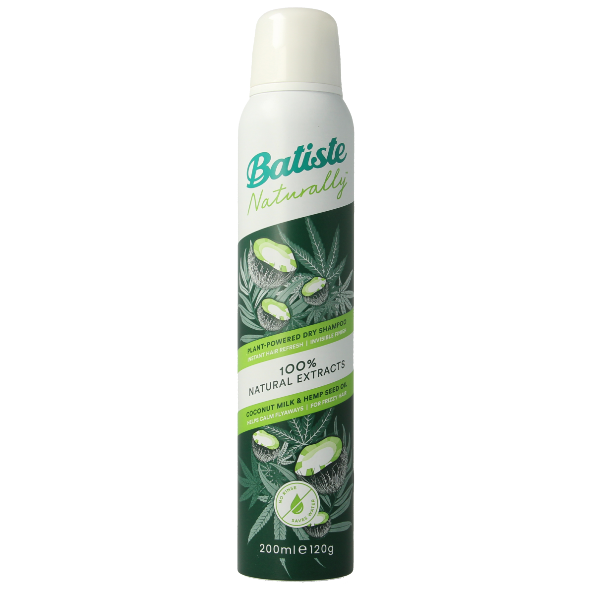 Batiste coconut milk and hemp seed oil dry shampoo for hair care, 200ml bottle with natural ingredients and lightweight formula.