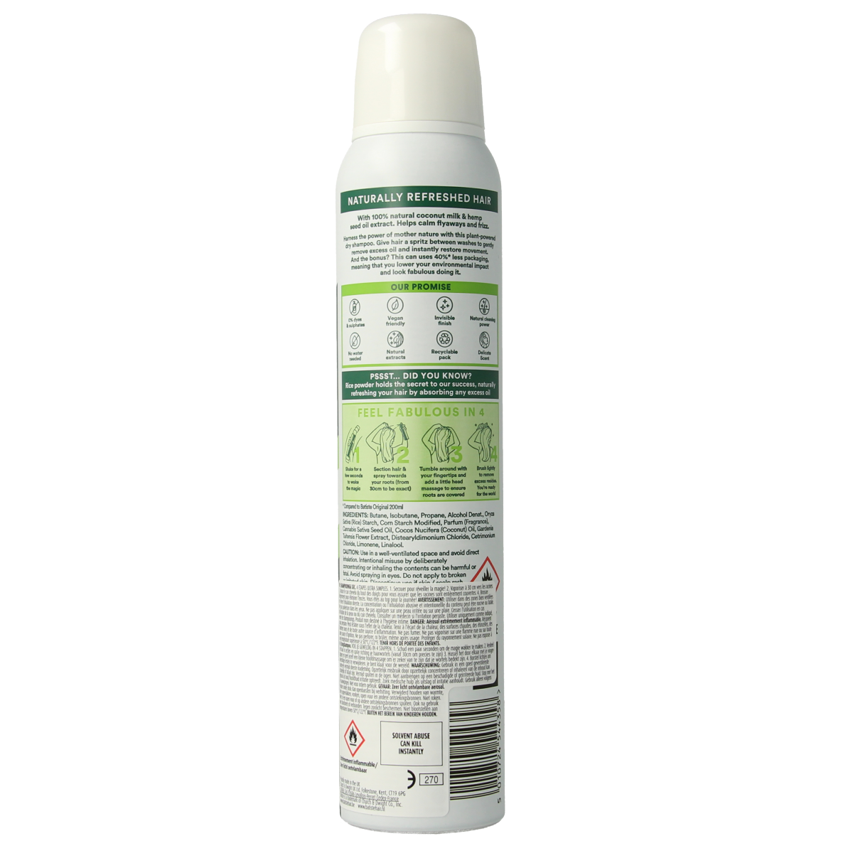 Batiste Coconut Milk & Hemp Seed Oil dry shampoo for hair care, 200ml bottle with pump and label.