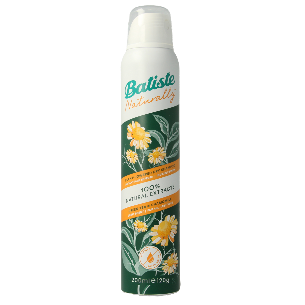 Batiste green tea & chamomile dry shampoo for normal hair in 200ml bottle, hair care product with botanical ingredients.