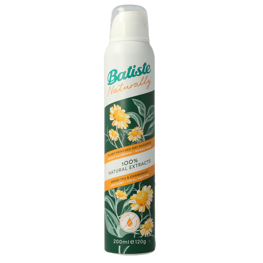 Batiste green tea & chamomile dry shampoo for normal hair in 200ml bottle, hair care product with botanical ingredients.