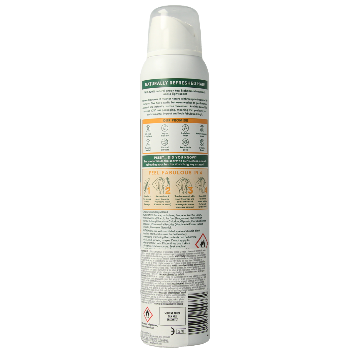 Batiste green tea & chamomile dry shampoo for normal hair in 200ml bottle, hair care product with herbal ingredients.
