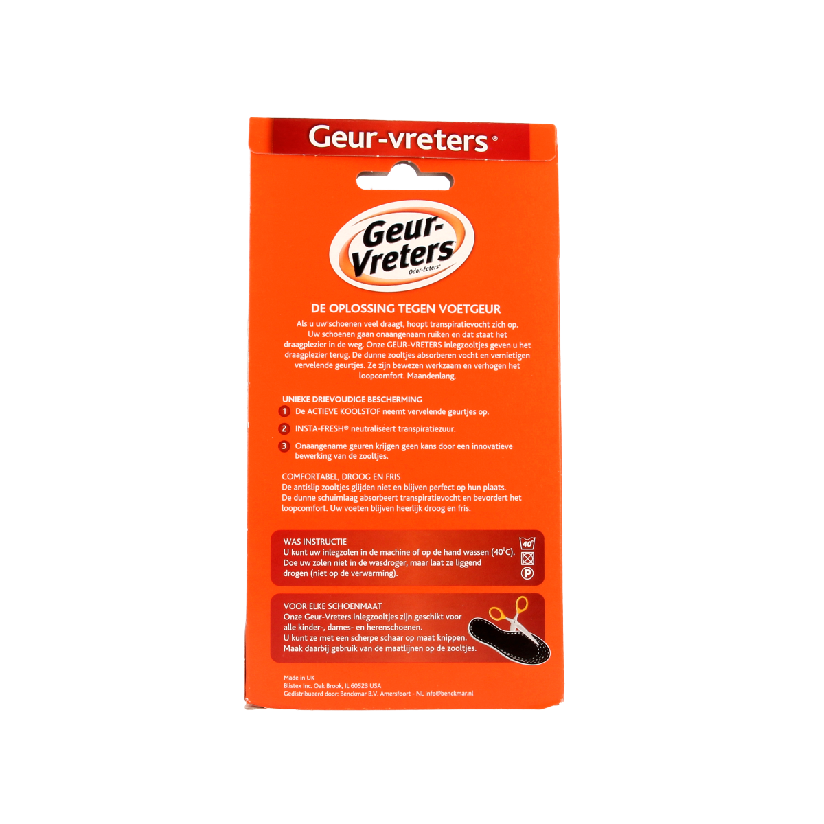 Benckmar Geurvreters comfort inlegzolen, pair of orthotic insoles with odor-reducing features for comfort and freshness.