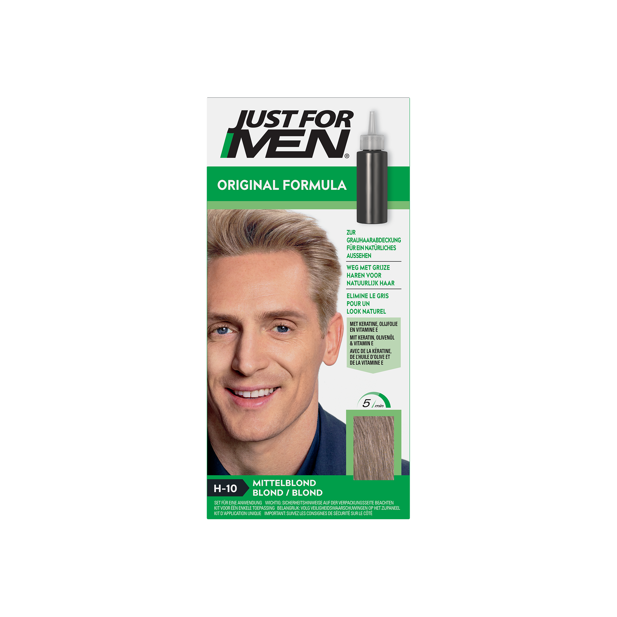 Just For Men Blond H10 hair coloring set with 30ml of product, featuring the blonde hair dye kit in a sleek package.