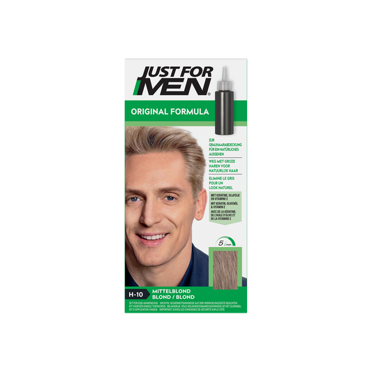 Just For Men Blond H10 hair coloring set with 30ml of product, featuring the blonde hair dye kit in a sleek package.