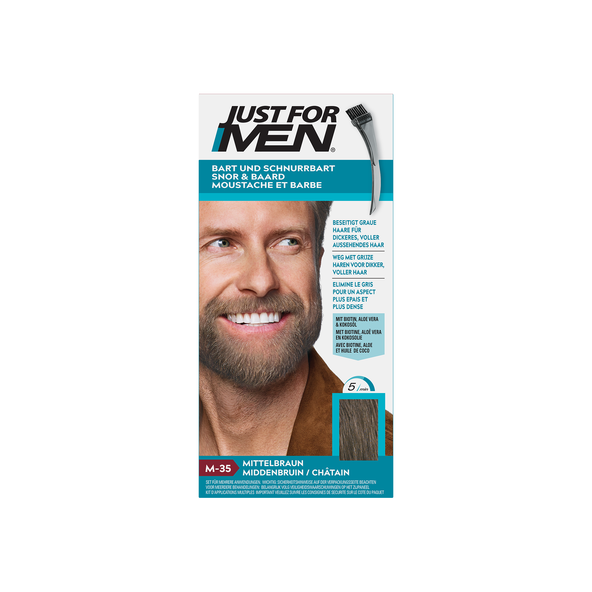 Just For Men Snor & baard middenbruin M35 hair coloring cream in 14g tube, shown with the product packaging and applicator