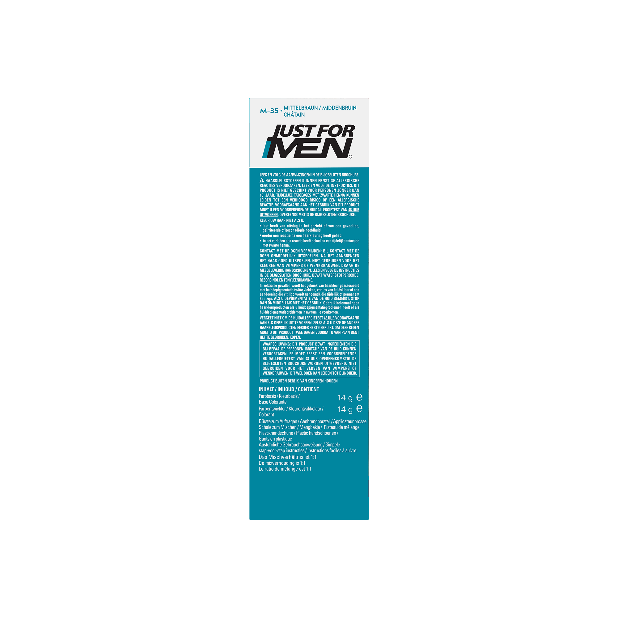 Just For Men Snor & Baard middenbruin M35 hair coloring gel in 14g tube, for beard and mustache coloring.