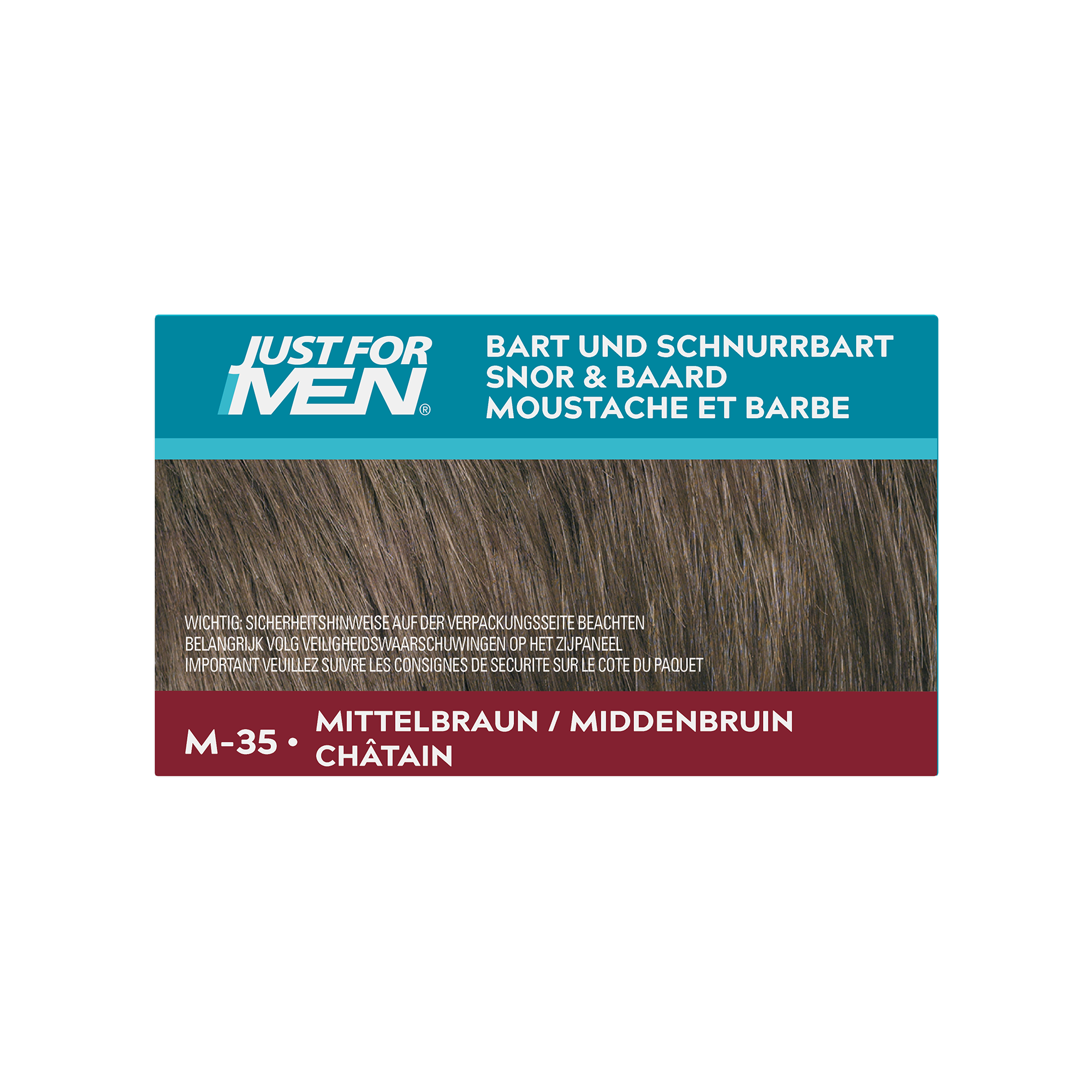 Just For Men Snor & baard middenbruin M35 hair coloring gel in 14g tube, designed for beard and mustache coloring.