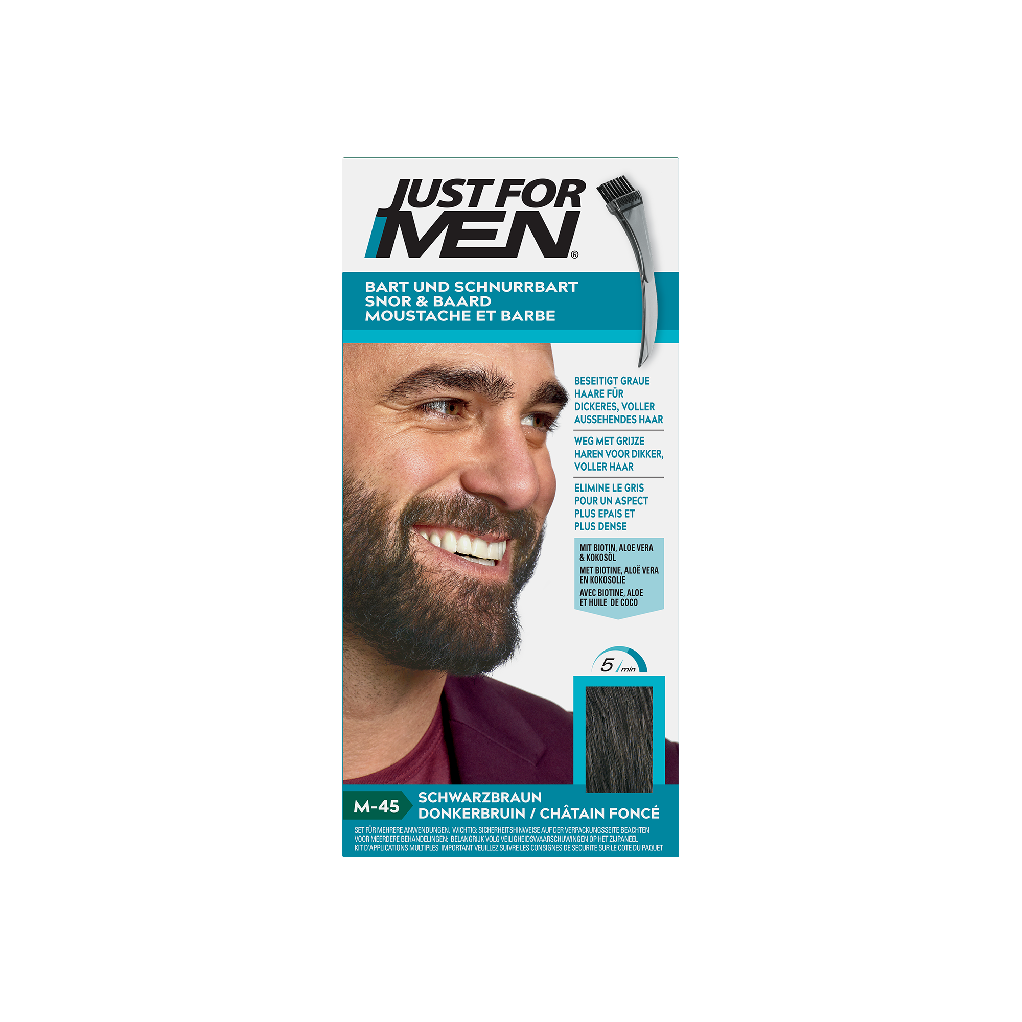 Just For Men Snor & Baard donkerbruin M45 haarkleuring gel in 14g tube, designed for beard and mustache coloring.