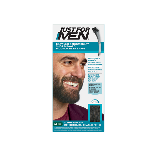 Just For Men Snor & Baard donkerbruin M45 haarkleuring gel in 14g tube, designed for beard and mustache coloring.
