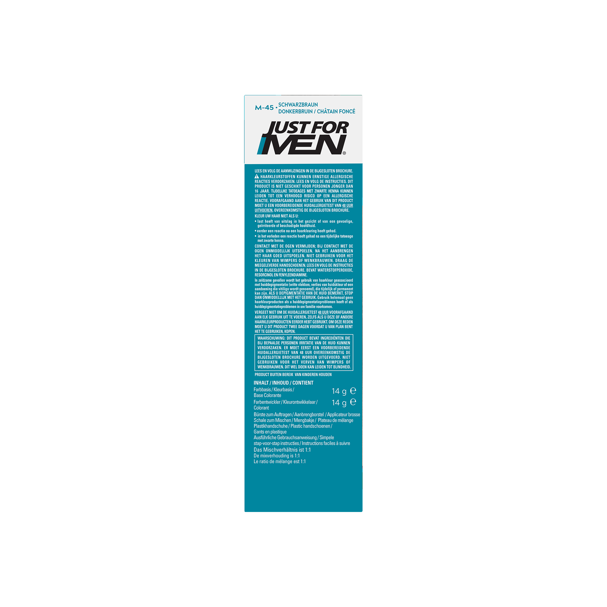 Just For Men beard and hair coloring gel in dark brown (M45), 14g, with applicator brush visible in the image.