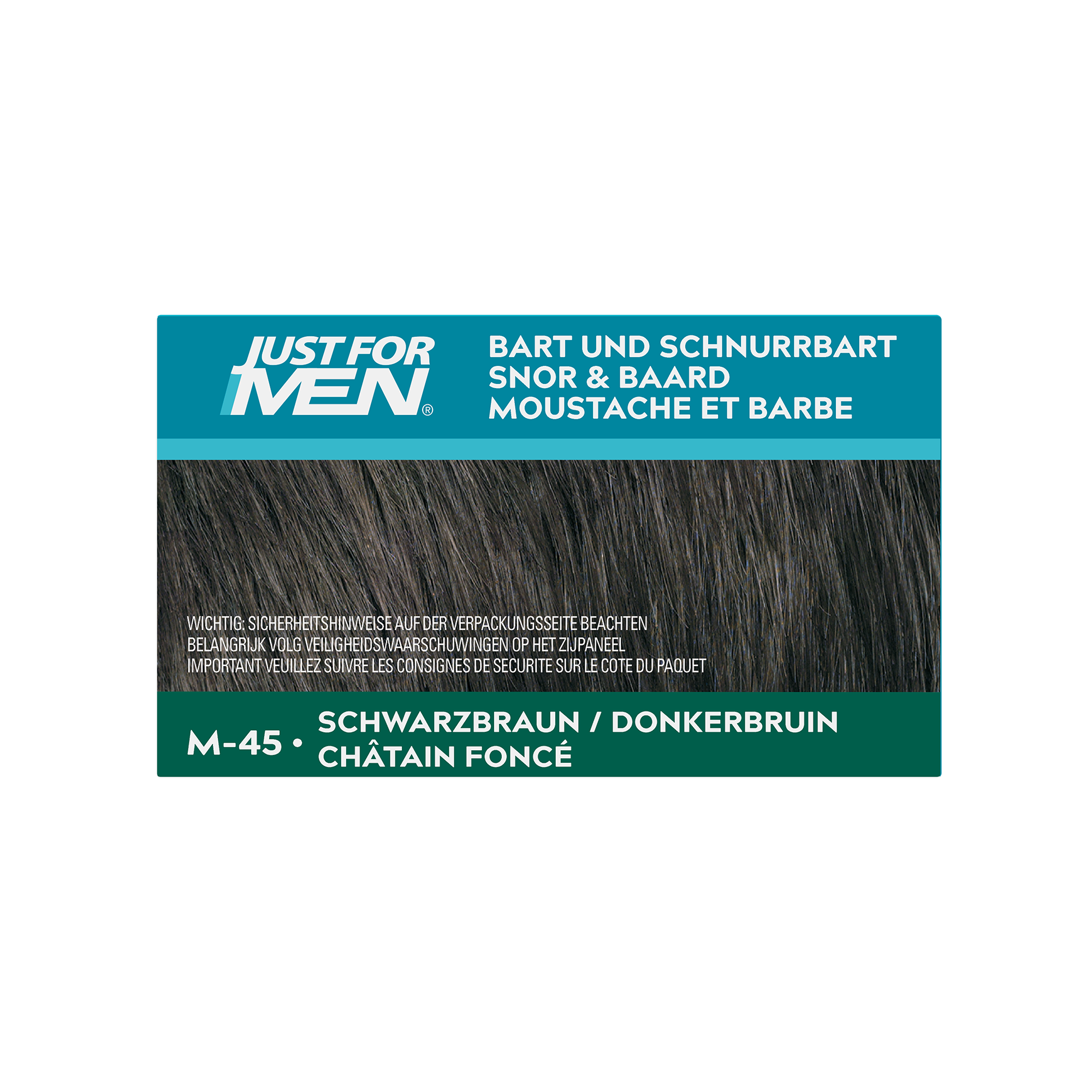 Just For Men beard and moustache hair coloring in dark brown M45, 14g tube, showing the product and applicator.