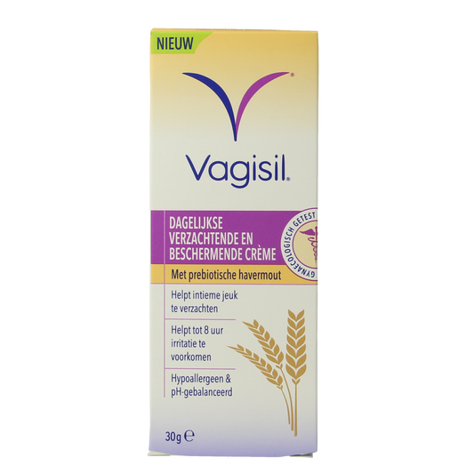 Vagisil intimate hygiene cream in a 30g tube, designed for feminine comfort and hygiene, displayed in the image.