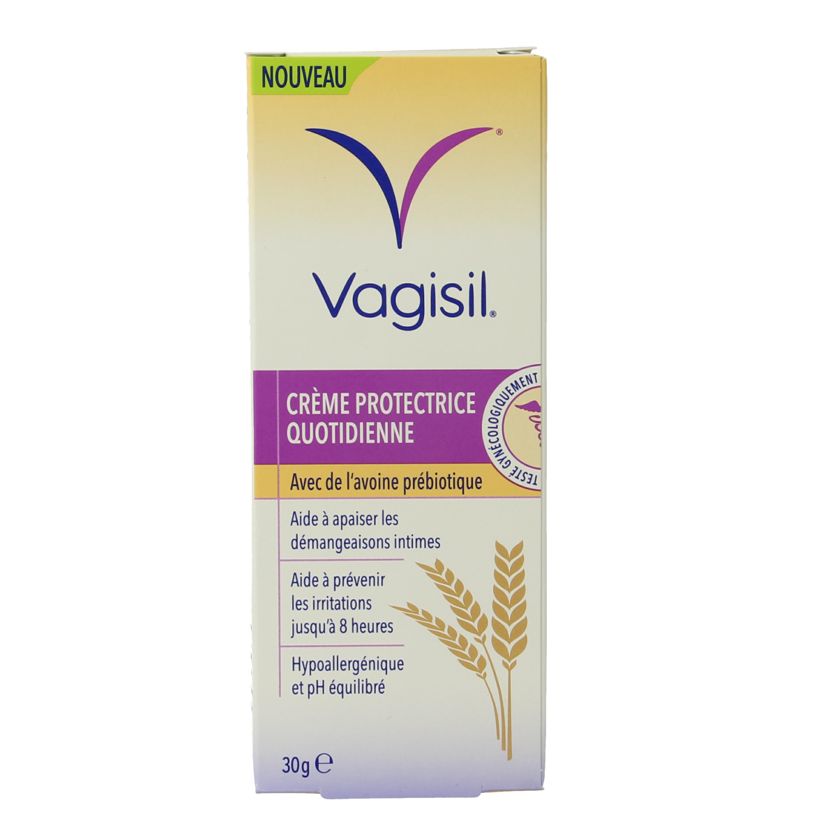 Vagisil crème for intimate hygiene in 30g tube, creamy texture, white color, and label visible on the packaging.