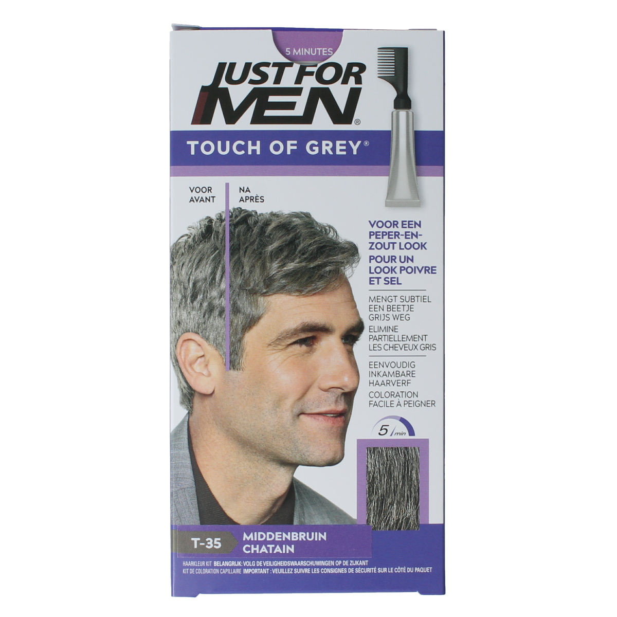 Just For Men Touch of Grey T-35 medium brown hair color tube, 40g for men's hair coloring.