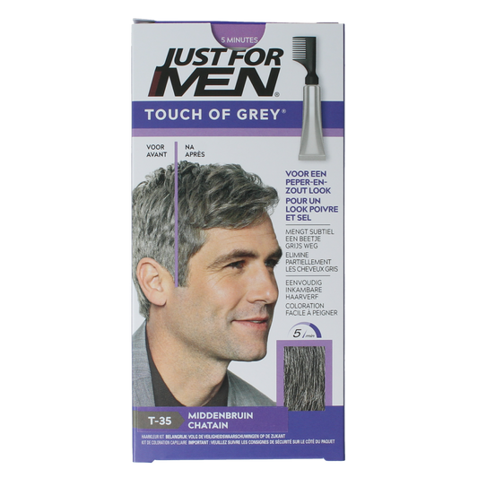 Just For Men Touch of Grey T-35 medium brown hair color tube, 40g for men's hair coloring.
