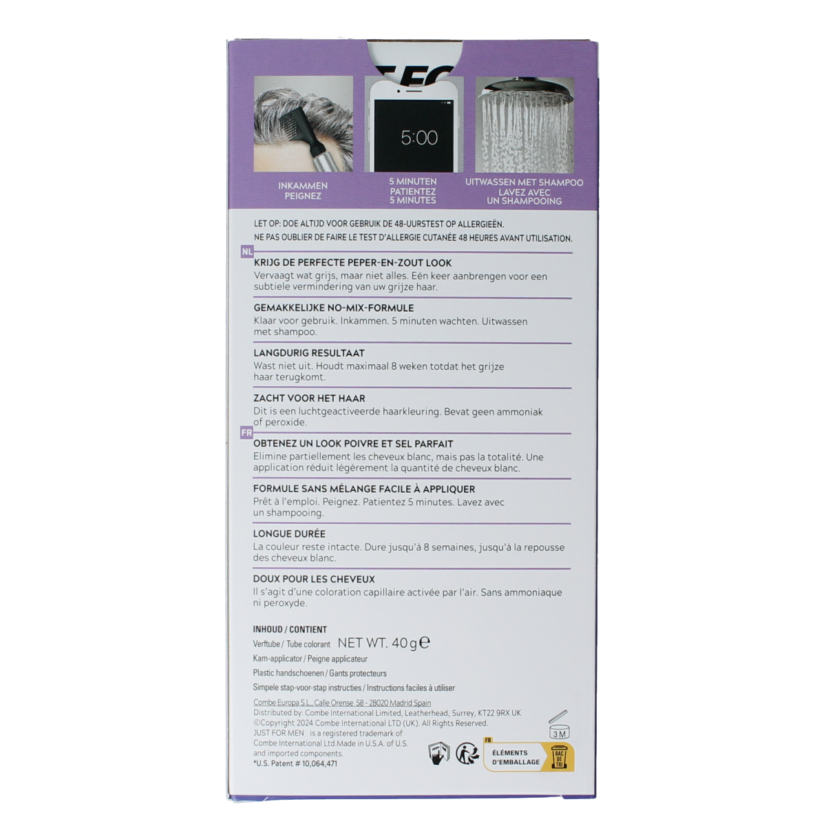 Just For Men Touch of Grey T-35 medium brown hair dye tube, 40g, for natural-looking gray coverage and hair coloring.