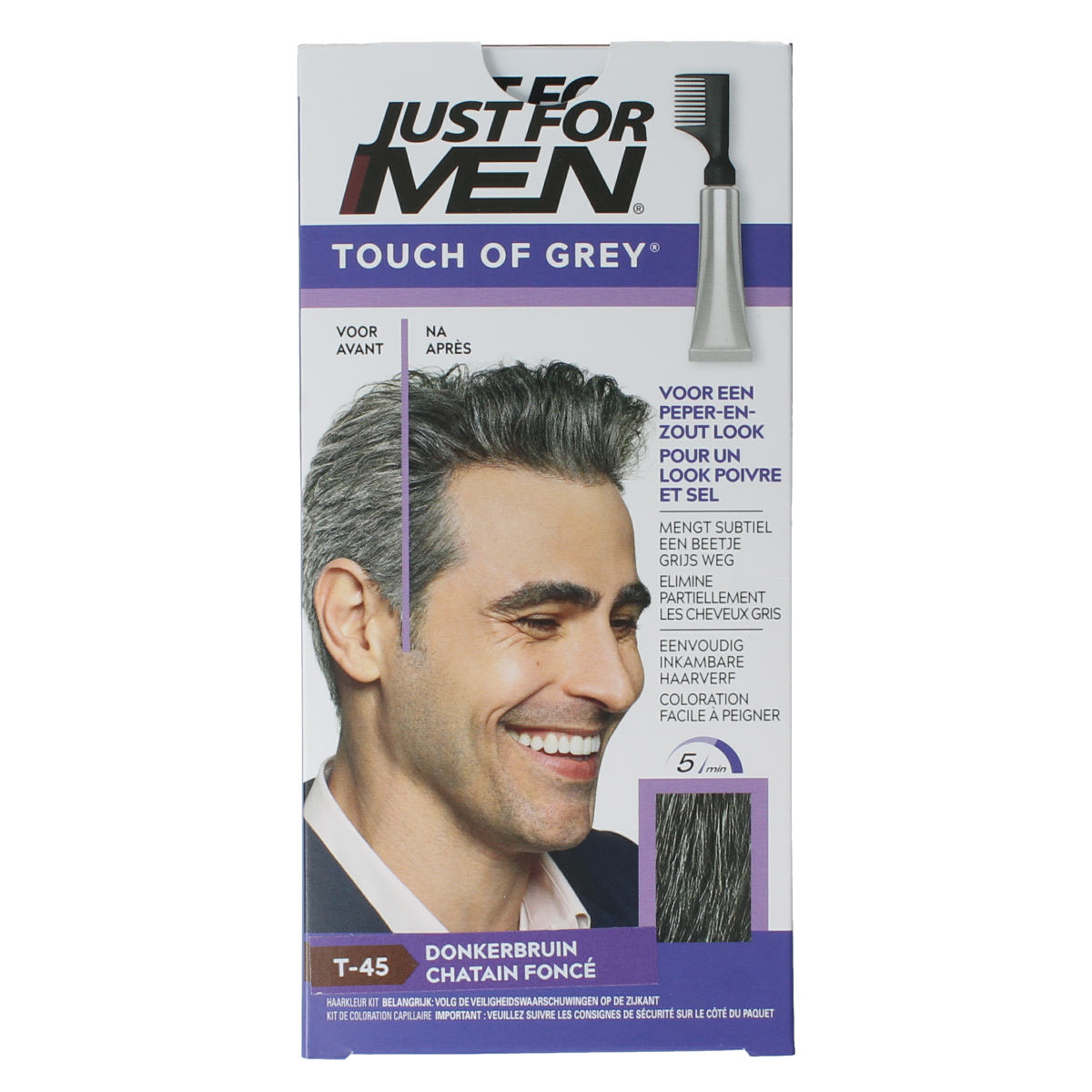 Just For Men Touch of Grey T-45 dark brown hair coloring kit with 40g of product, shown in the image.
