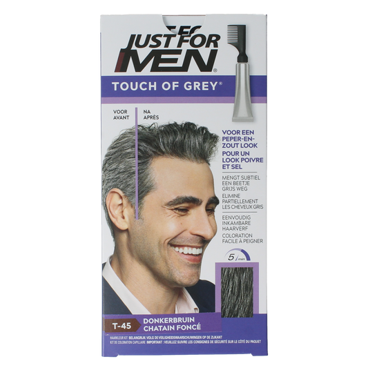 Just For Men Touch of Grey T-45 dark brown hair coloring kit with 40g of product, shown in the image.