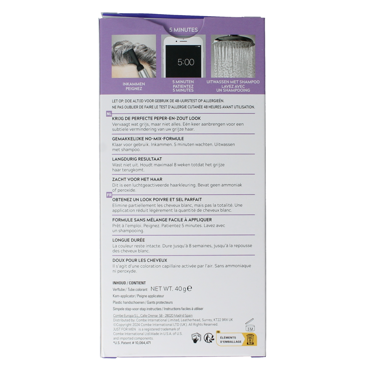 Just For Men Touch of Grey T-45 dark brown hair coloring kit with 40g of product, featuring a hair dye box and applicator.