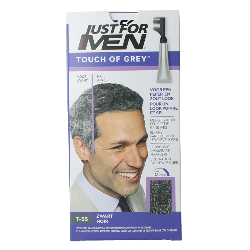 Just For Men Touch of Grey T-55 black hair coloring tube, 40g, showing the product and packaging for men's hair dye.