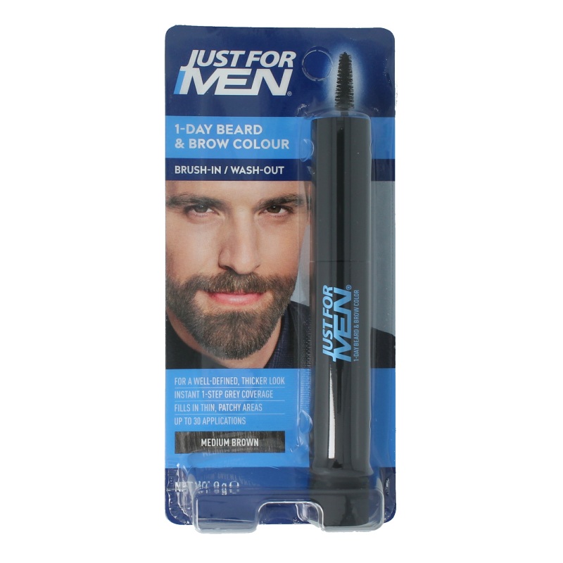 Just For Men beard and eyebrow hair coloring in medium brown, 9ml tube, for natural-looking groomed facial hair.