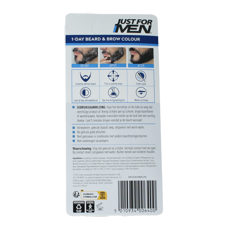 Just For Men beard and eyebrow hair coloring in medium brown, 9ml tube, showing the product and applicator brush.
