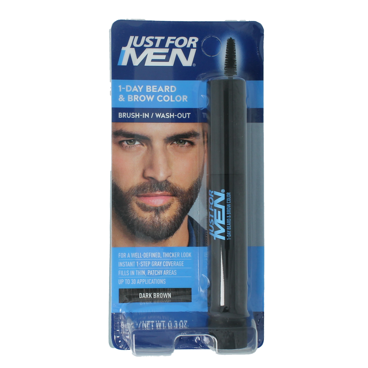Just For Men beard and eyebrow dark brown hair coloring tube, 9ml, with applicator brush visible in the image.
