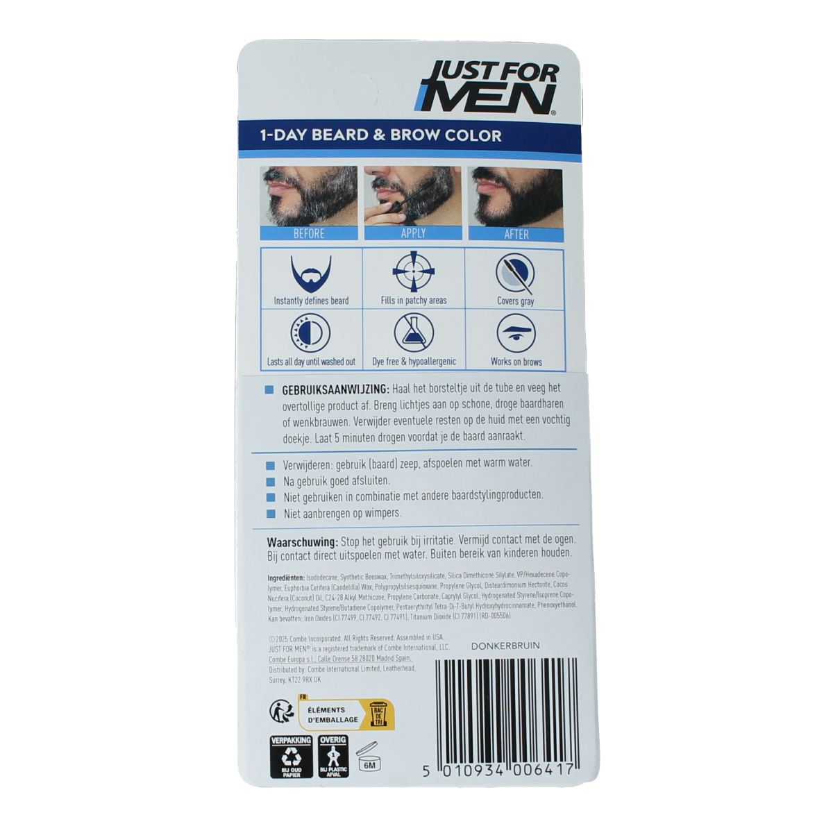 Just For Men beard and eyebrow dye in dark brown, 9ml tube, showing the product with applicator and packaging.