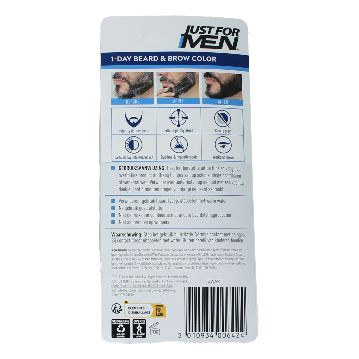Just For Men beard and eyebrow hair coloring in black, 9ml tube, showing the product applicator and packaging.