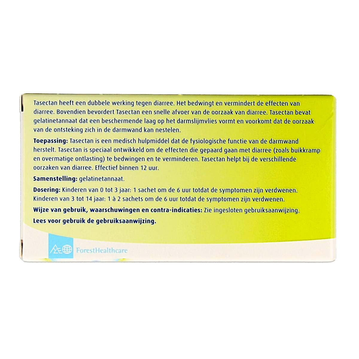 Tasectan Kinder sachets for diarrhea relief, showing 10 sachets in a box, designed for children’s digestive comfort.